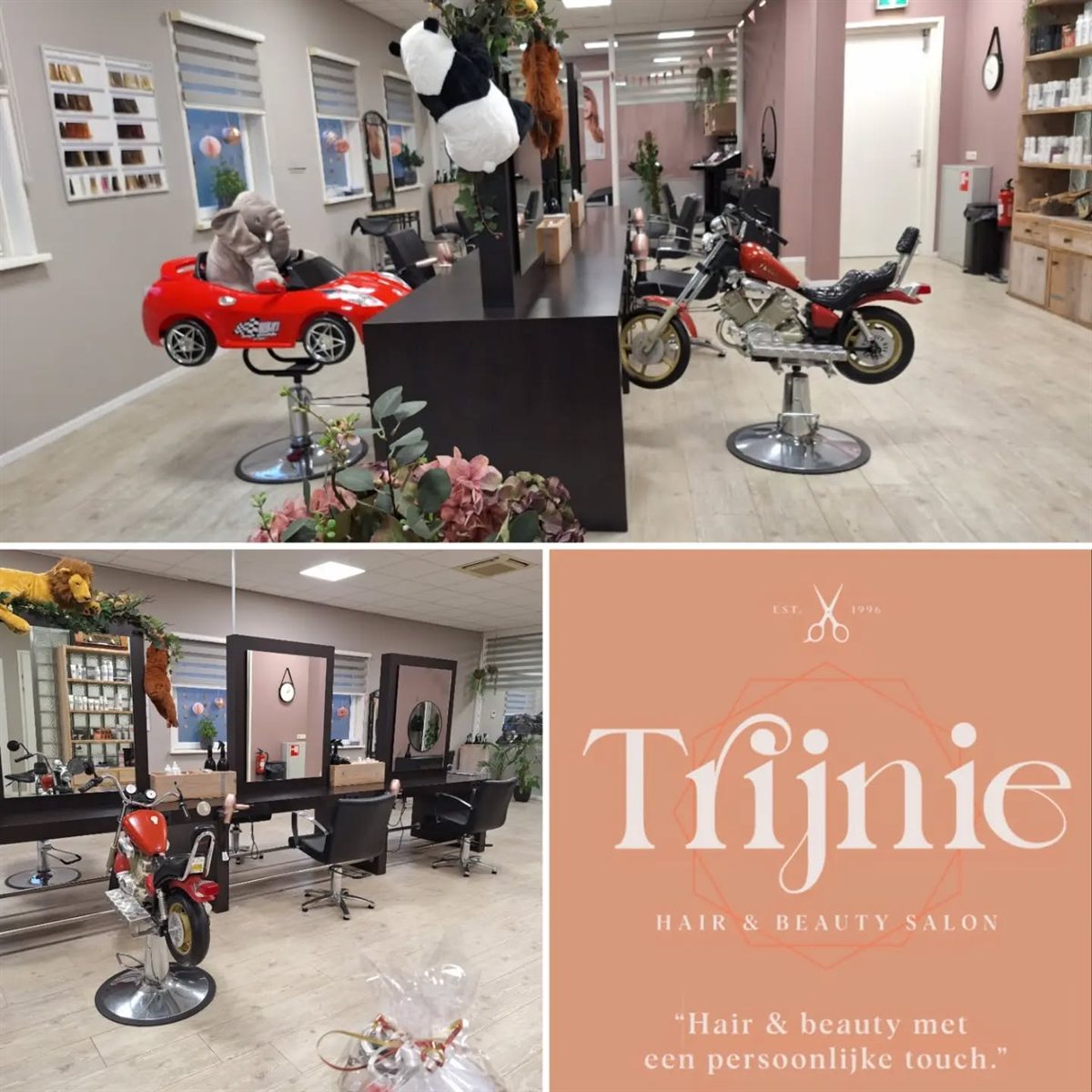 Collage van de kinderkapsalon, het saloninterieur en de Trijnie huisstijl