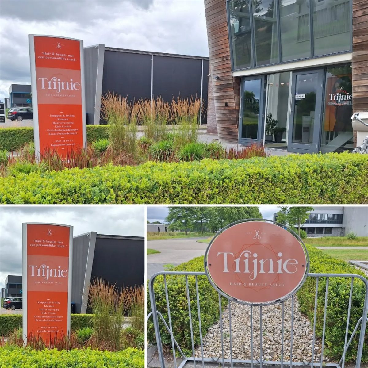 Collage van de buitenkant en gevelsignage van Kapsalon Trijnie aan de Pasteurweg
