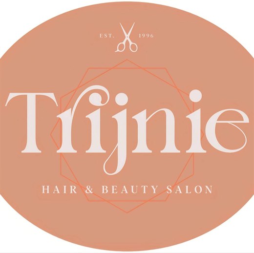 Volledige logo-lockup van Trijnie Hair & Beauty Salon, sinds 1996